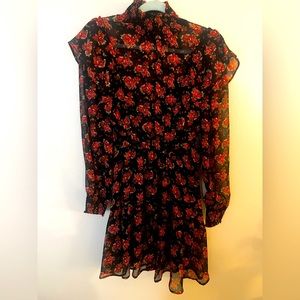 STR MIDI Dress Black with Red Flowers SIZE LARGE NWOT